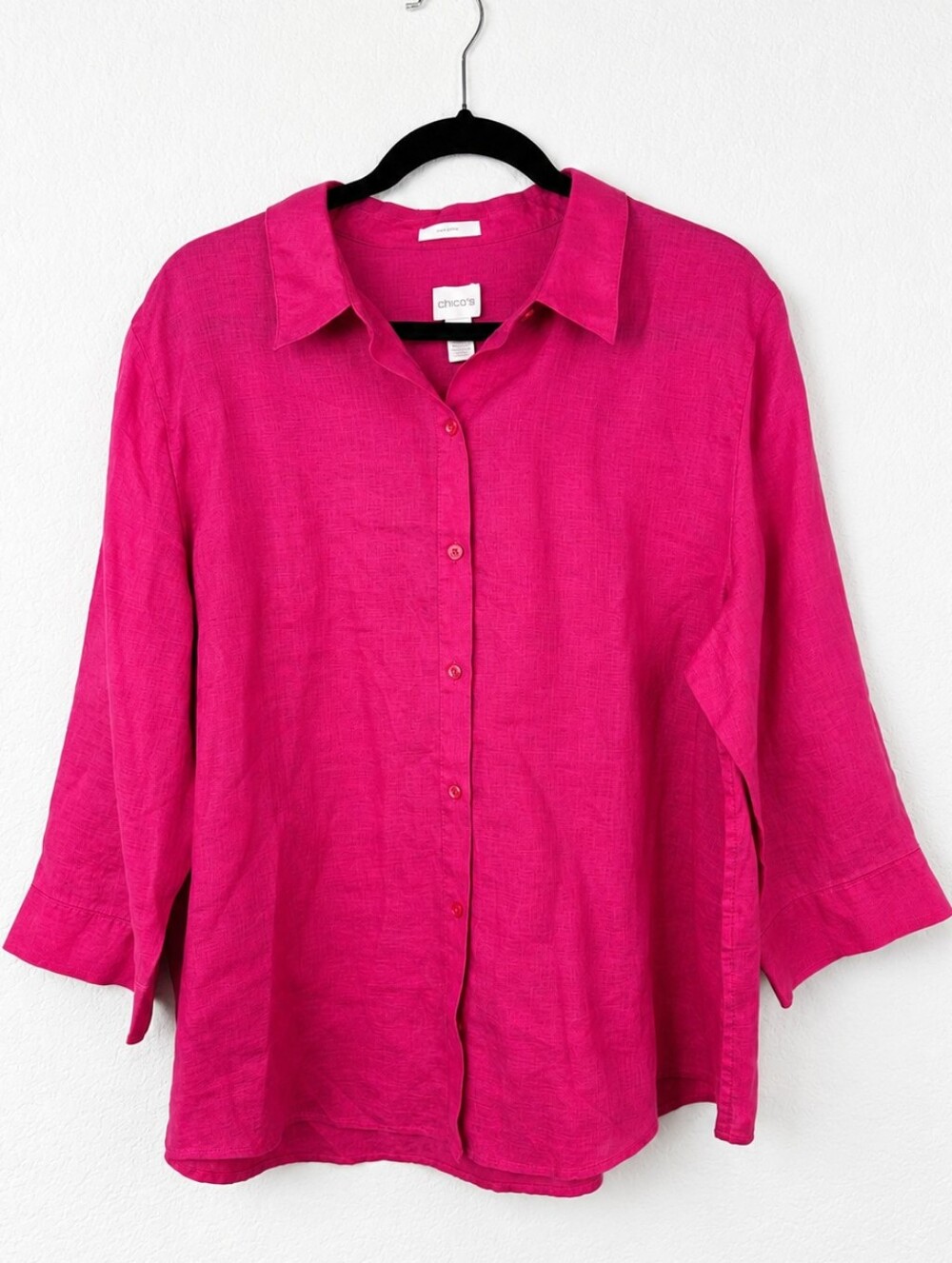 Chico's No Iron 100% Linen Hot Pink Button Front Shirt Top Size 3.5 XL